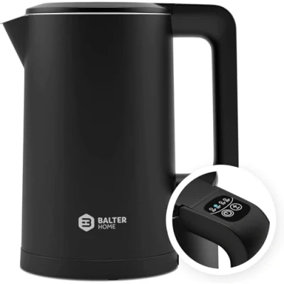 Abbildung von Balter Edelstahl Wasserkocher mit Temperatureinstellung, 40C 100C, Doppelwand, BPA frei, elektrischer Wasserkocher, Teekocher Kompakt, 1,7L, 2200W, leise, Schwarz