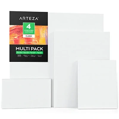 Abbildung von Arteza Leinwand Keilrahmen, 4 Stück 50x50, 30x40, 20x25, und 25x15cm, weiße grundierte 100% Baumwolle, für Acrylfarben, Ölfarben &amp; nasse Kunstmedien, Leinwände Profis Hobbymaler
