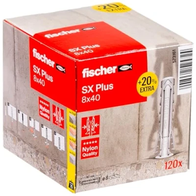 Abbildung von fischer Spreizdübel SX Plus 8 x 40 in der attraktiven Aktionsbox, Dübel für optimalen Halt bei Befestigungen Beton, Vollziegel, Porenbeton, Hochlochziegel uvm., mit 20% mehr Inhalt, 120 Stück