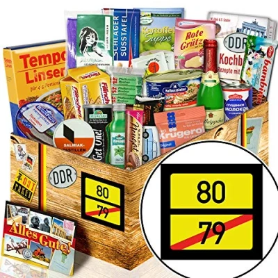 Abbildung von Ortsschild 80 lustige Geschenke 80. Geburtstag DDR Spezialitäten Box