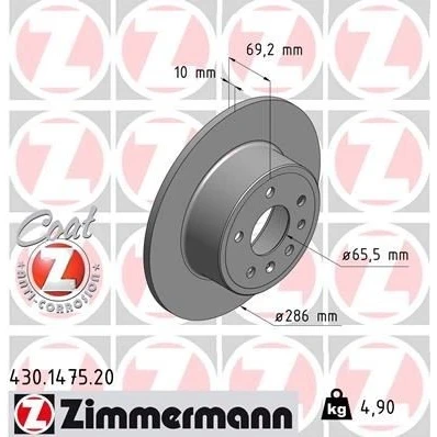 Abbildung von ZIMMERMANN COAT Z 430.1475.20 Bremsscheibe 286 10 7/5 5 110 voll beschichtet OPEL: Vectra B Limousine, CC, Caravan