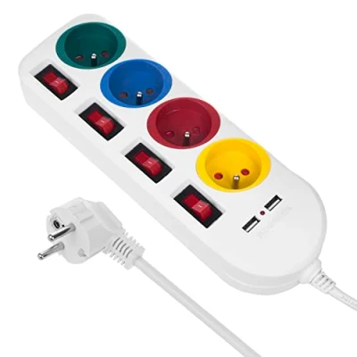 Abbildung von Maclean MCE229 Steckdosenleiste 4 fach (Ein / Ausschalter, USB Anschlüsse, separate Ein Kindersicherung, Kabellänge 1.5 m), Steckdosen Verlängerungskabel + 2xUSB, mit Schalter 1,5m