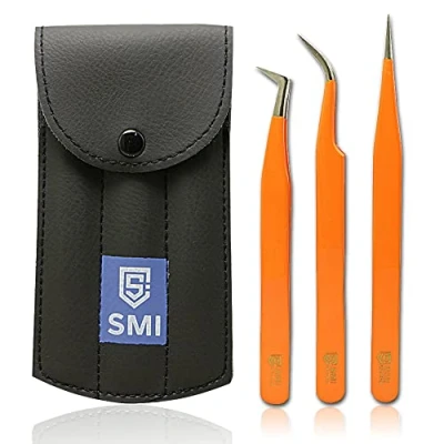 Abbildung von SMI 3 Wimpern Pinzette Set Orange Wimpernpinzette Wimpernverlängerung Spitz Wimpernzange Gebogen und Gerade Edelstahl Künstliche Falsche 3D 6D Volumen mit Etui