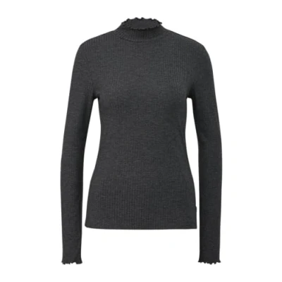 Abbildung von QS by s.Oliver MIT Rollsaum Langarmshirt, Damen, Größe: XL, Schwarz