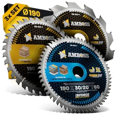 Abbildung von Ø190 x 30 Hand Kreissägeblatt Set passend für Bosch GKS 190, PKS 66 A. Metabo KS66. Makita 5705R AMBOSS WERKZEUGE® 190x30 Sägeblatt Sortiment