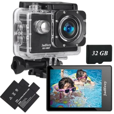 Abbildung von Jadfezy Action Cam FHD 1080P mit 32GB Karte, Unterwasserkamera wasserdicht bis 30M, 140 Grad Weitwinkel Kamera Zwei 900 mAh wiederaufladbare Akkus und Zubehör Set (2025 neu)