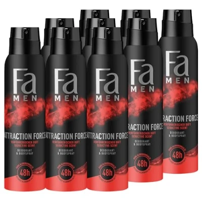 Abbildung von Fa Men Deodorant &amp; Bodyspray Attraction Force (9x 150 ml), Deospray mit verführerischem Duft, Deo ohne Aluminium für bis zu 48 h Schutz, hinterlässt keine Rückstände