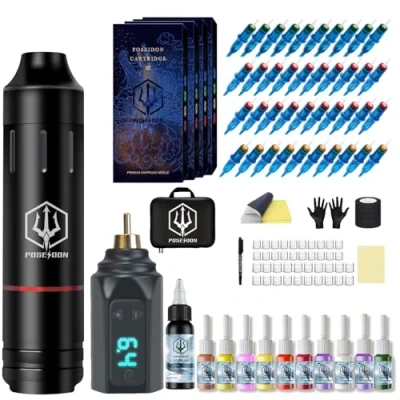 Abbildung von Poseidon Tattoo Pen Kit Wireless Machine Kit, Gun with Power Supply and 40 Pcs Cartridge Needles, Complete Supplies for Artists（PTK031）