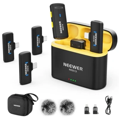 Abbildung von NEEWER Drahtloses Lavalier Mikrofon System kompatibel mit iPhone Android Phone Computer PC Laptop Tablet, Mini Clip auf Ansteckmikrofon Set 2 USB C Sendern/4 Empfängern/OTG Adapter, Schwarz, KM20