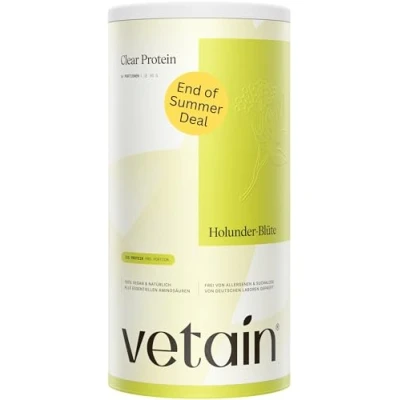 Abbildung von VETAIN Clear Protein Vegan Holunder Blüte 22g pro Portion 480g Isoclear Eiweißpulver mit BCAAs Erfrischend &amp; leicht löslich ohne künstliche Zusätze produziert in Deutschland