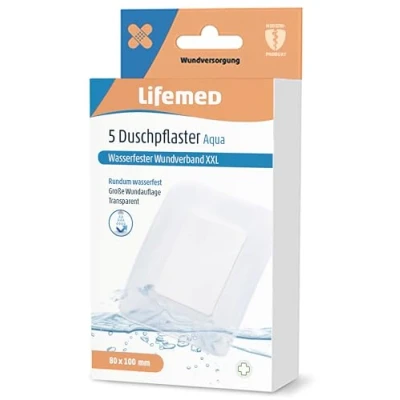 Abbildung von Lifemed Duschpflaster XXL 10 x 8 cm Wasserabweisender, extragroßer Wundverband mit sicherem Halt bei Kontakt Wasser Wasserfeste Wundauflage für Duschen, Sport, Tattoos (20 Pflaster)