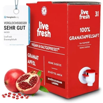 Abbildung von LiveFresh Saftbox 3l Granatapfelsaft Kaltgepresster Fruchtsaft ohne Zuckerzusatz Bag in Box Granatapfel Aus 100% frischen Granatäpfeln Saftbeutel