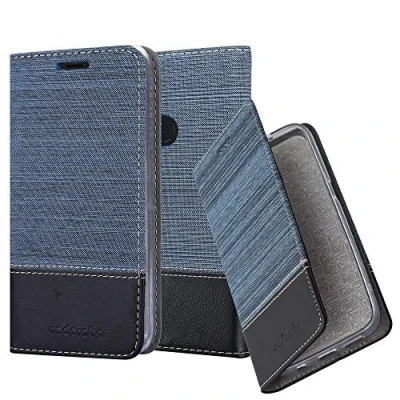 Abbildung von Cadorabo Hülle kompatibel mit Google Pixel 3 aus Premium Jeans und Kunst Leder Flip Klappbare Stoßfeste Magnetische [Standfunktion] [Kartenfächern] Cover für Tasche in Blau
