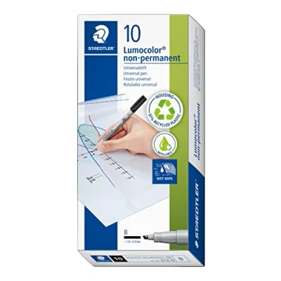Abbildung von STAEDTLER Universalstift Lumocolor non permanent, schwarz, breite Keilspitze ca. 1,0 2,5 mm, feucht abwischbar, für fast alle Oberflächen, 10 schwarze Folienstifte im Kartonetui, 312 9