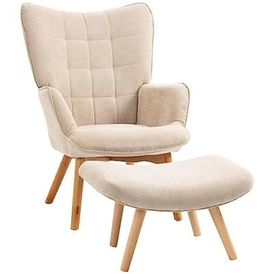 Abbildung von HOMCOM Relaxsessel Loungesessel mit Hocker, Armlehnstuhl Holzbeine, Fernsehsessel (Ohrensessel, 1 St., Relaxsessel), Cord Optik