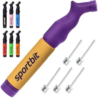 Abbildung von SPORTBIT Ballpumpe mit 5 Nadeln Set Handpumpensystem zum Aufpumpen Passt für jeden Sportball Volleyball Basketball Fußball Gymnastik Soccer Ball, Aufblasgerät Luftpumpe