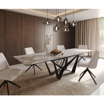 Abbildung von Esstisch Edge 200 300x100 Keramik Minas Melange Weiß Beige Spider Flachstahl Schwarz ausziehbar