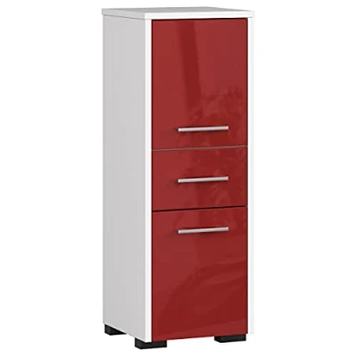 Abbildung von AKORD Badezimmerschrank schränke Badezimmer kommode 2 Türen und 1 Schublade, B30 x H85 T30 cm, Gewicht 25 kg, auch als Hängeschrank für Wandmontage verwendbar Weißer &amp; Roter Glanz Front