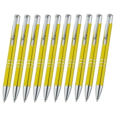 Abbildung von Pack 10 hochwertige Metallkugelschreiber Gelb Light Gold Metall Kugelschreiber Druckkugelschreiber nachfüllbare Großraummine Blaue Tinte Metallgehäuse goldene Kulischreiber