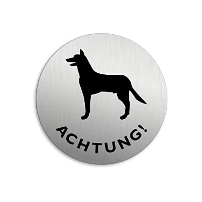 Abbildung von OFFORM DESIGN Hinweisschild Achtung Hund Ø 75 mm Edelstahloptik selbstklebend, (1 St)