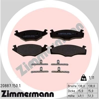 Abbildung von ZIMMERMANN 20887.150.1 Bremsbelagsatz Foto entspricht Lieferumfang VOLKSWAGEN: Polo II Coupe, Scirocco II, GOLF 2, SEAT: Ibiza Cordoba I Limousine