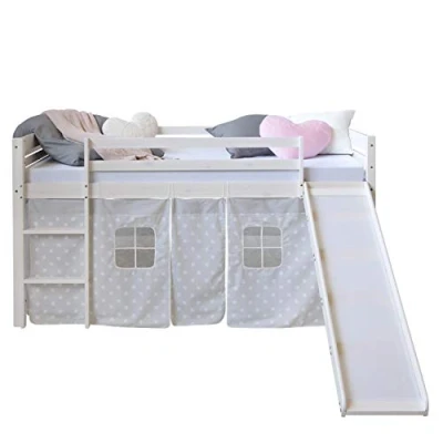 Abbildung von Homestyle4u 1884, Hochbett mit Rutsche Treppe Weiß Grau Kinderbett 90x200 Vorhang Sterne Bettgestell Holz Kiefer