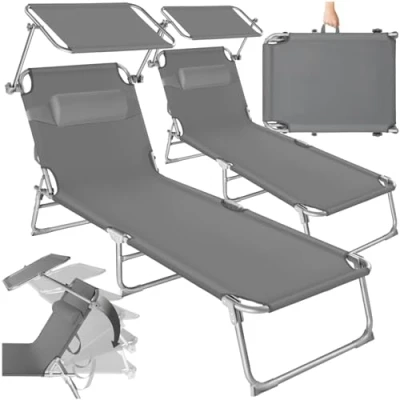 Abbildung von tectake 2er Set Sonnenliege leicht und klappbar, leichte Liege für Camping Garten, Perfekter Liegestuhl mit Dach, transportable zusammenklappbar Griff