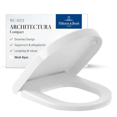 Abbildung von Villeroy &amp; Boch WC Sitz Architectura Compact Toilettendeckel Weiß glänzend aus robustem Duroplast Toilettensitz mit Edelstahl Scharnieren Bruchsicherer Klodeckel D Form Original Ersatzteil