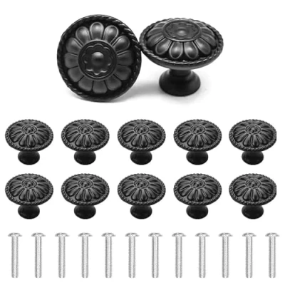 Abbildung von YSDMY schrankknöpfe 12 Stück Runde schubladenknöpfe，30mm möbelknopf schwarz mit Schrauben，Schranktürknöpfe Blumen Muster kommodenknöpfe vintage Für Möbel Kommode