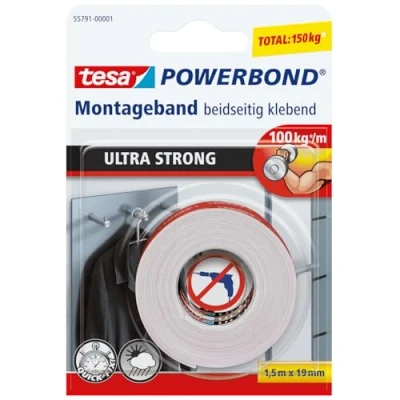 Abbildung von tesa Powerbond ULTRA STRONG Doppelseitiges, extra starkes Montageband zur permanenten Befestigung im Außen und Innenbereich 1,5 m