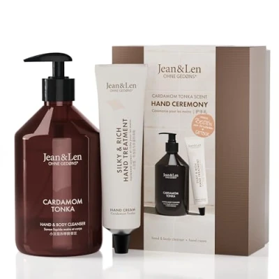 Abbildung von Jean &amp; Len Hand Ceremony Cardamom Tonka, mit Body Cleanser und Treatment, hochwertige Geschenkbox, sanft würziger Duft, Verpackung ist FSC zertifiziert, veganes Geschenkset