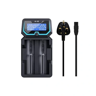 Abbildung von Protected 21700 Batterieladegerät XTAR X2 Ladegerät 2 Bay 18650 mit AC und USB Eingang LCD Bildschirm für 3,6 V/3,7 V 14500 26650 Li Ionen Akkus, 1,2 Ni MH CD Akku