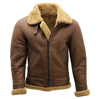 Abbildung von Herren Braun B3 Shearling Schaffell WW 2 Bomber Leder Fliegend Flieger Jacke L