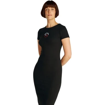 Abbildung von Tommy Jeans Jerseykleid TJW BODYCON LOGO 2 DRESS mit Logostickerei, Kurzarm, in Midi Länge