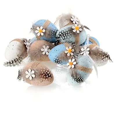 Abbildung von com four® 12x Ostereier zum Aufhängen mit Feder und Blume in Naturei Optik Aufhänger für den Osterstrauß aus Kunststoff Hängedeko Ostern