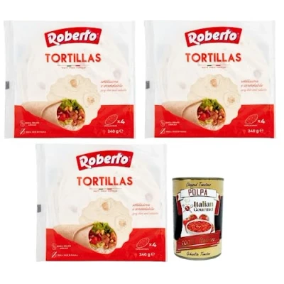 Abbildung von Roberto Tortillas,Packung mit 240g, Jede Packung enthält 4 Weiße Weizentortillas + Italian Gourmet Polpa di Pomodoro 400g Dose