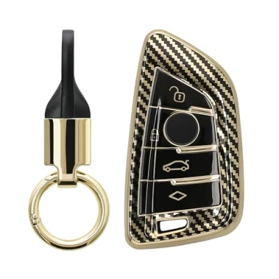 Abbildung von kwmobile Schlüsseltasche Hülle für BMW 3 Tasten Smart Key Autoschlüssel (1 tlg), Schlüsselhülle mit Ring Anhänger Cover Gold Schwarz