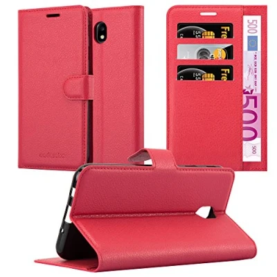 Abbildung von Cadorabo Hülle kompatibel mit Samsung Galaxy J7 2017 Handyhülle aus Kunst Leder Flip Klappbare Stoßfeste Magnetische [Standfunktion] [Kartenfächern] Cover für Tasche in Rot