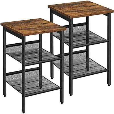 Abbildung von VASAGLE Nachttische, Beistelltisch Set, 2er Set Sofatische, kleine Couchtische mit verstellbaren Gitterablagen, Wohnzimmer, Schlafzimmer, Flur, stabil, Industrie Design, vintagebraun schwarz LET24X