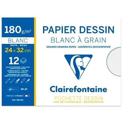 Abbildung von Clairefontaine 96175C Packung mit 10 Mappen 12 Blatt gekörntes Zeichenpapier, 180g, DIN A4+ 24x32 cm, weiß, 1 Pack