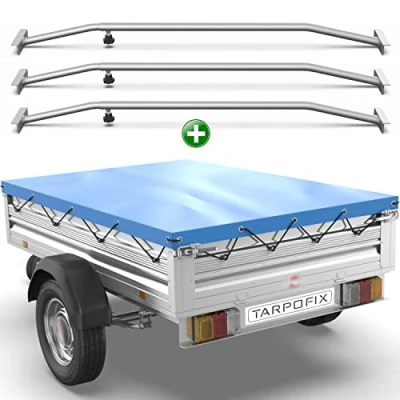 Abbildung von Tarpofix® Anhängerplane 207x114 cm + 3x Planenbügel Anhänger Plane Flachplane aus PVC PLANENMATERIAL Verstärkte Stema für 750kg PKW Hänger Abdeckplane Flachplanenbügel Blau