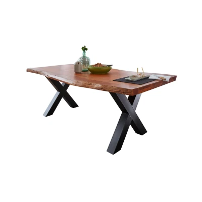 Abbildung von Massivart® Baumkantentisch TOMASO / Massivholz Akazie 55 mm Tischplatte, Standbeine als X Gestell Metall schwarz lackiert Industrial Look