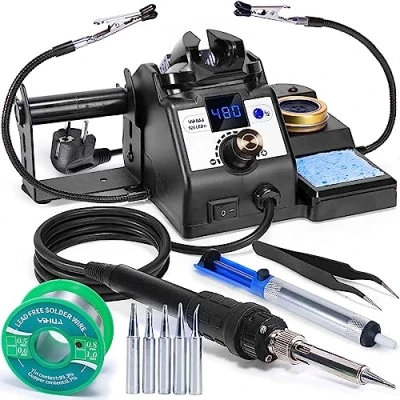 Abbildung von YIHUA 926LED IV 60W Lötstation 90 480C lötkolben set mit 2 aufsteckbaren helfenden Händen, Lötdrahtspender, 5 zusätzliche Lötspitzen, Entlötpumpe, bleifreies Lot, ESD sichere Pinzette(EU PLUG)
