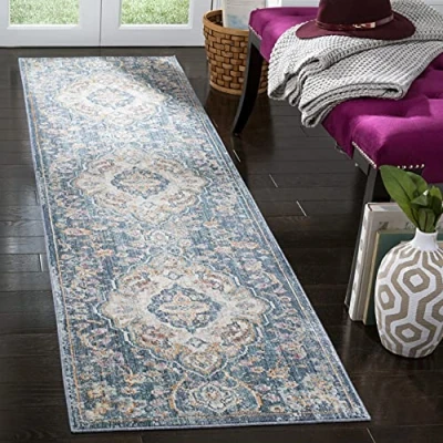Abbildung von SAFAVIEH Traditionell Teppich für Wohnzimmer, Esszimmer, Schlafzimmer Illusion Collection, Kurzer Flor, Creme und Blau, 69 X 244 cm