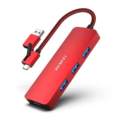 Abbildung von BENFEI USB 3.0 Hub, C 2 in 1 Typ A/Typ Hub mit 4 Anschlüssen, kompatibel für iPhone 15 Pro/Max MacBook Pro/Air 2023 iPad Pro iMac S23 XPS 17 usw, Rot
