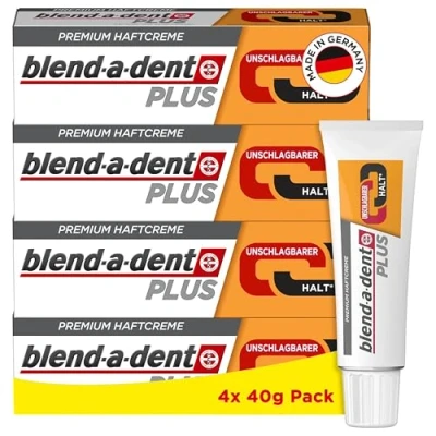 Abbildung von Blend a dent Plus Unschlagbarer Halt Premium Haftcreme, für Voll und Teilprothesen, Geschmacksneutral, Made in Germany, 4x 40g Pack, Orange
