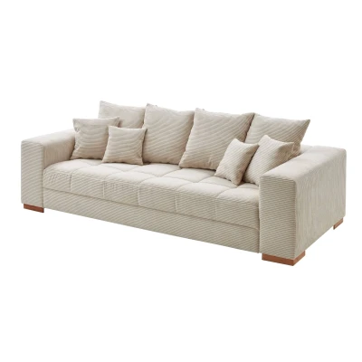 Abbildung von Massivart® Big Sofa BORNEO Cord beige 254 cm / 4 Sitzer, Noasgunterfederung, Rückenkissen, 2 mittlere Kissen und Zierkissen