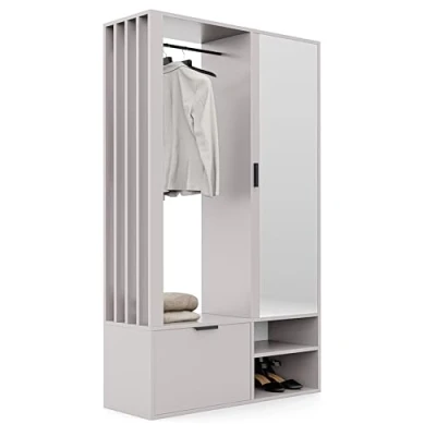 Abbildung von GREKPOL 100x33x190 cm (Rechts/Links) Garderobe Set mit Spiegel Flurgarderobe Cashmere Garderobenschrank Flur Sieben Regalböden und Kleiderhaken