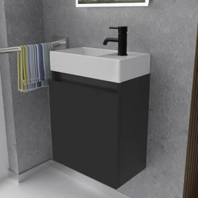 Abbildung von Alpenberger Badmöbel Set Gäste WC Waschbecken mit Unterschrank Badschrank Hängend, (2 tlg. Waschtisch Schwarz Matt, Waschbeckenunterschrank Softclose), Waschplätze für Kleine Bäder Hängend und Vormontiert