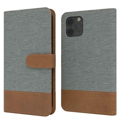 Abbildung von EAZY CASE Tasche kompatibel mit iPhone 11 Pro Stoff Schutzhülle Standfunktion Klapphülle im Bookstyle, Handytasche Handyhülle Magnetverschluss und Kartenfach, Kunstleder, Hellgrau